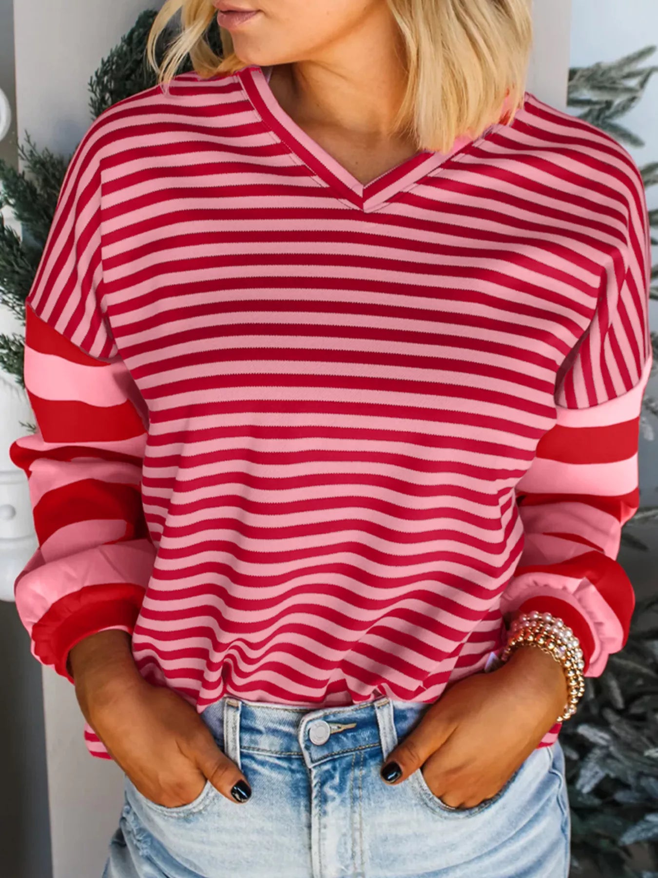 Striped Drop Shoulder V Neck Top Deep Rose - Fashorio