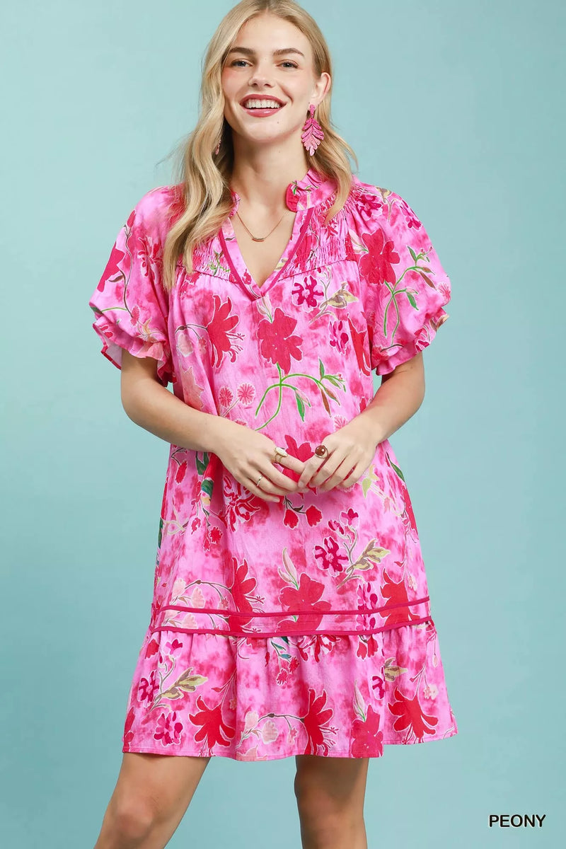 Peony floral ruffle hem mini dress front view
