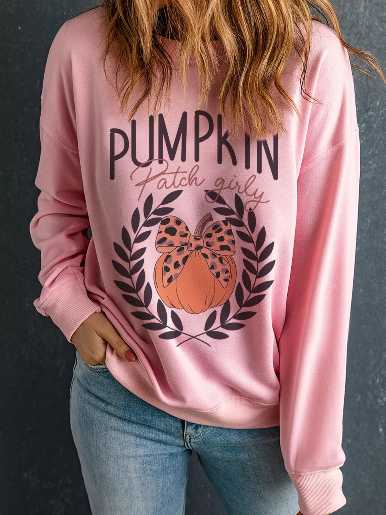 Halloween Leopard Bowknot Pumpkin Graphic Sweatshirt Dusty Pink - Fashorio