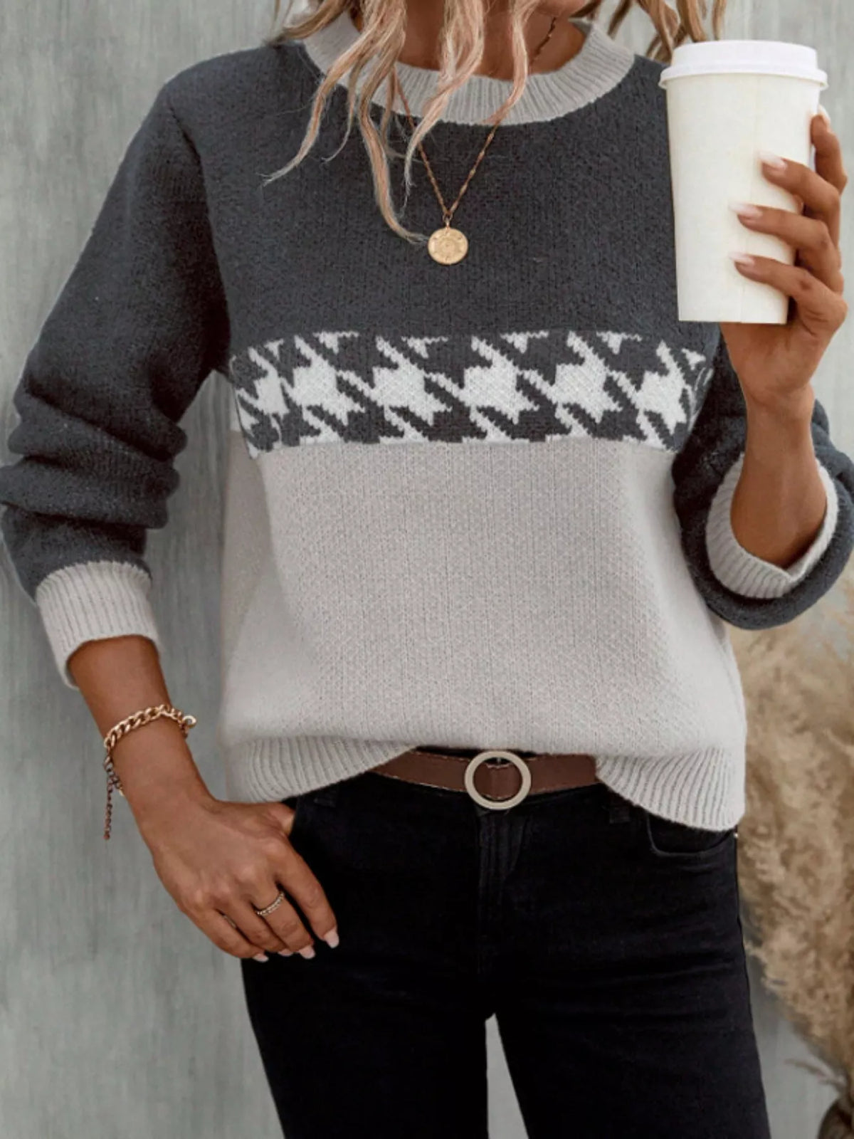 color block houndstooth sweater full length view