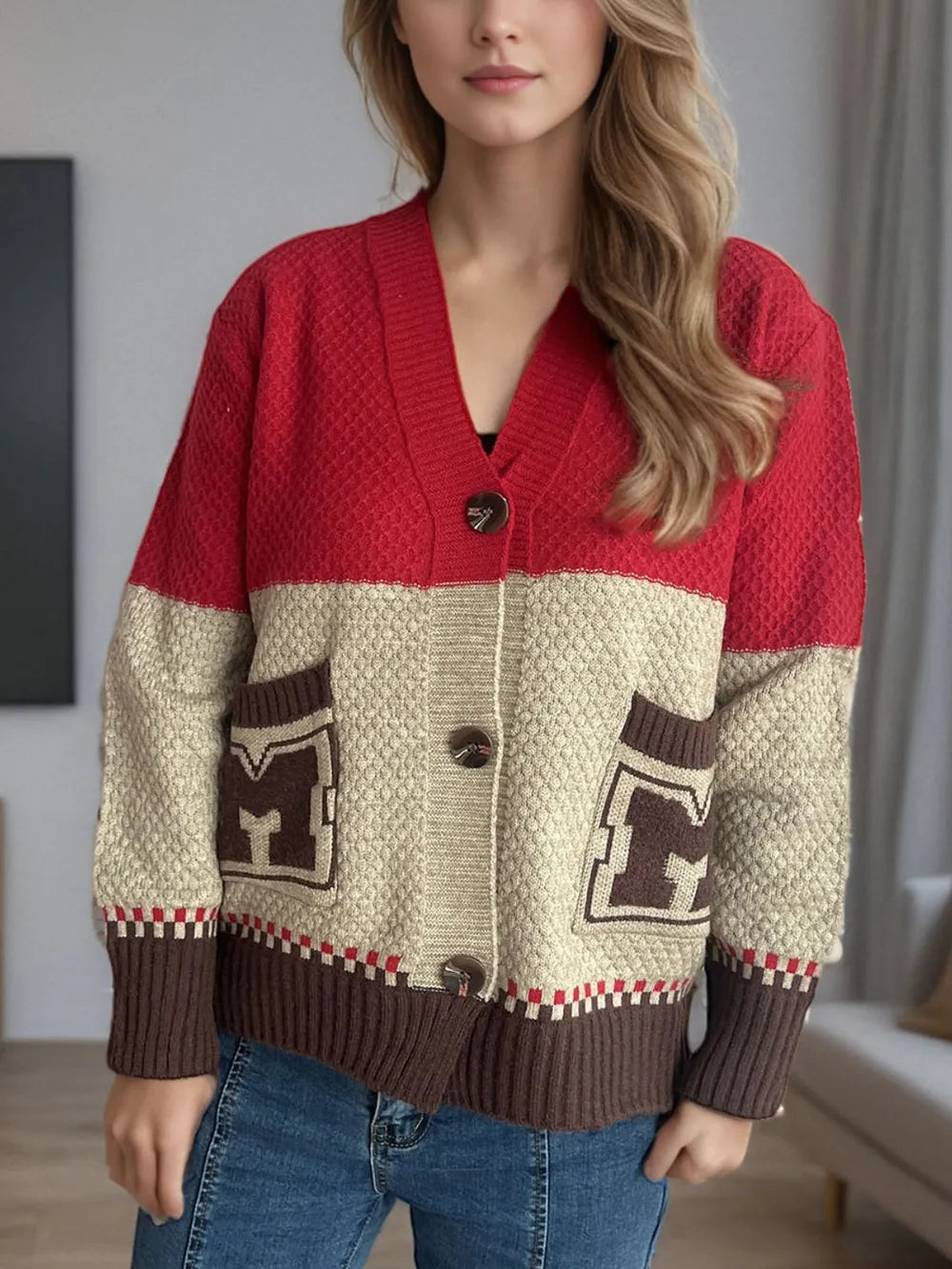 Pocketed Contrast V-Neck Button Up Cardigan - Fashorio