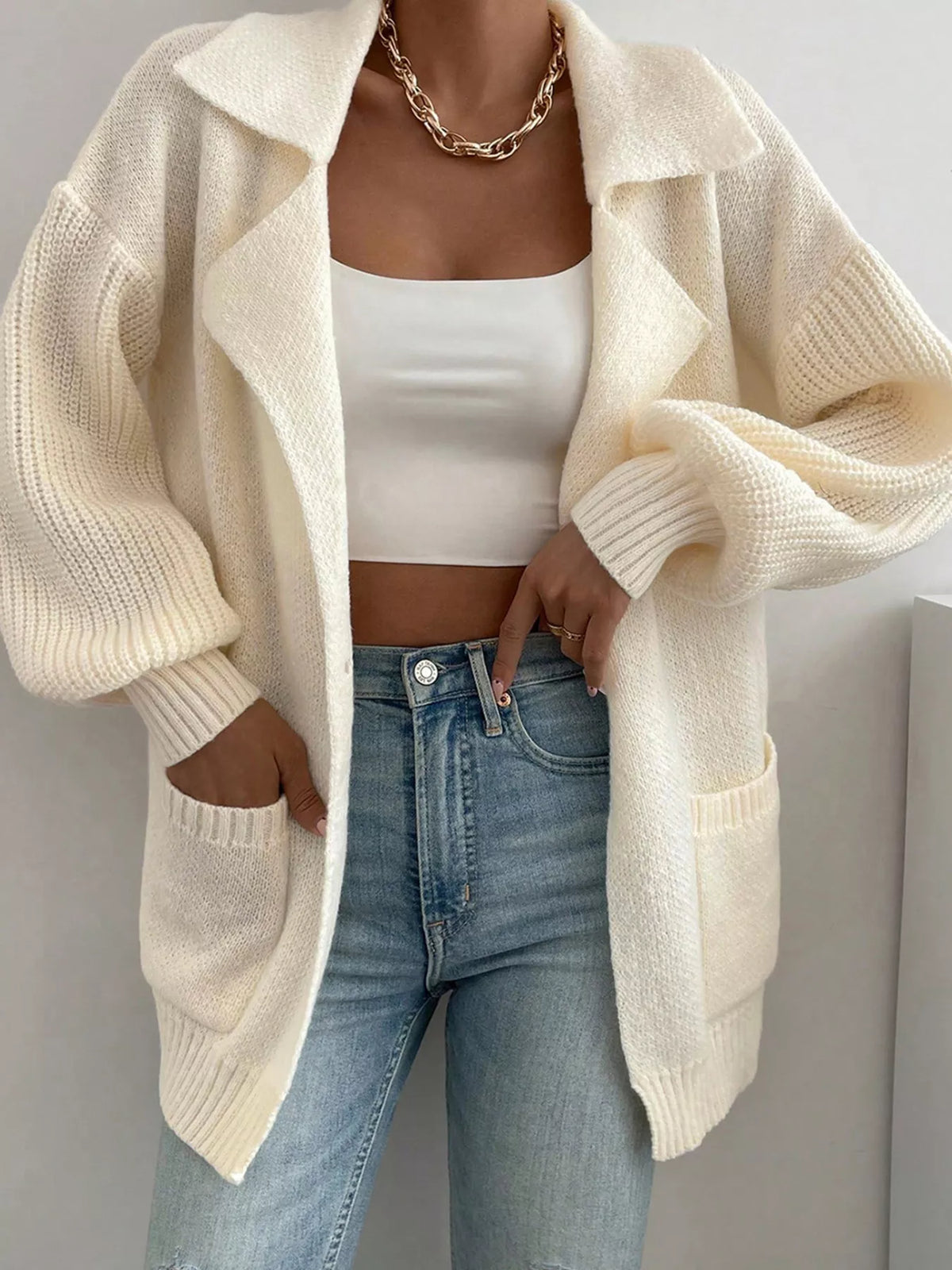 Lapel Collar Single Button Cardigan in Ivory detail