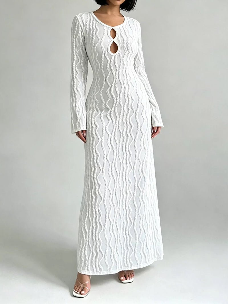 White textured cutout long sleeve maxi dress front view