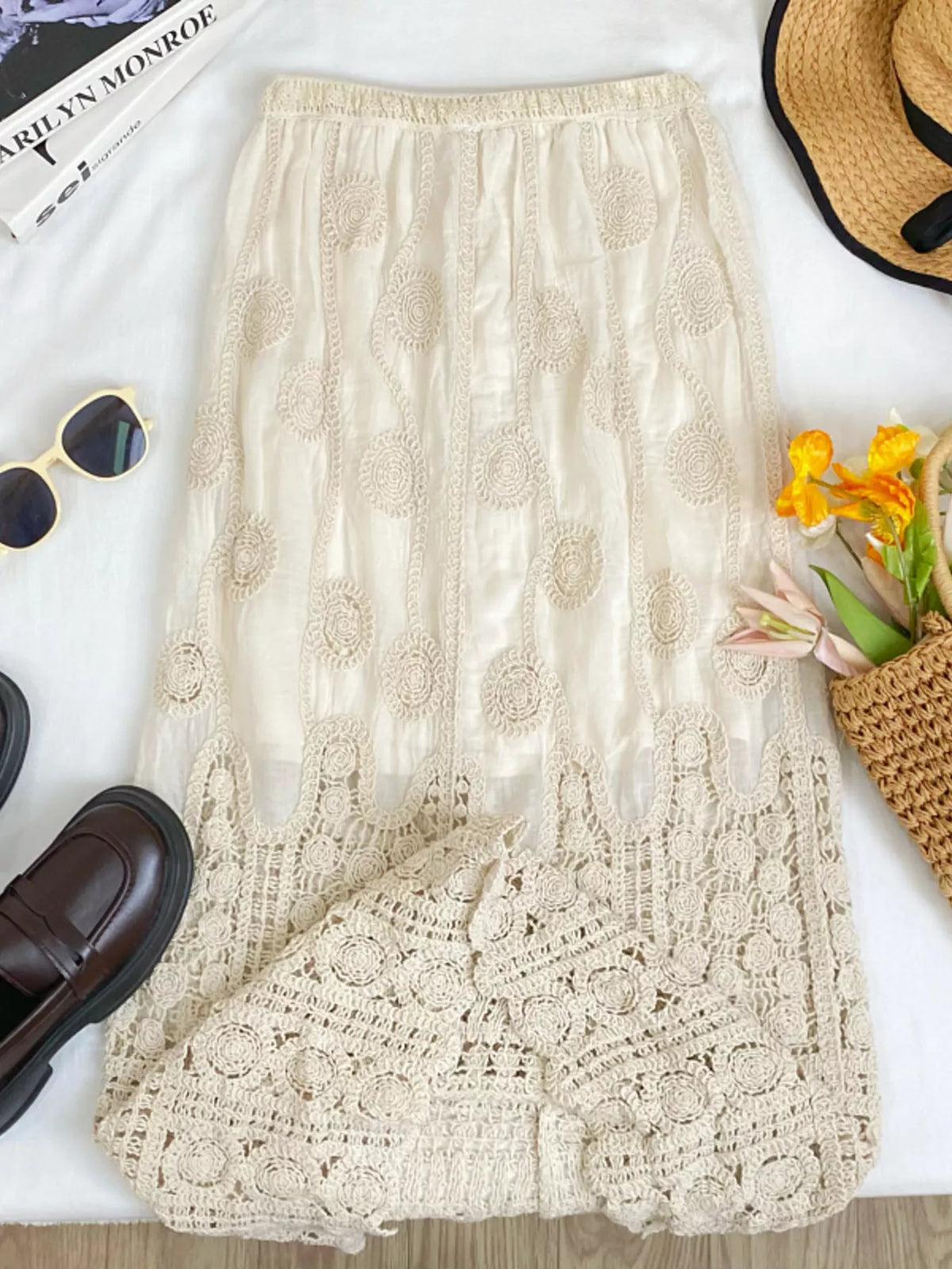 Lace elastic waist midi skirt, styled look
