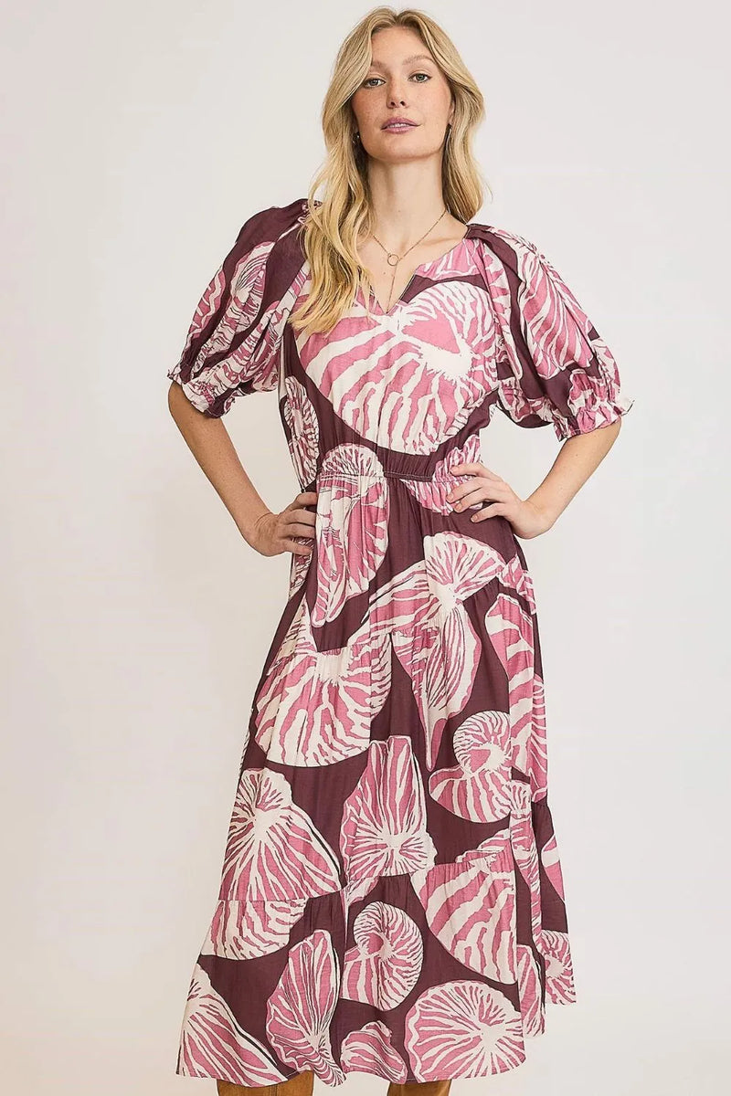 Printed Notched Puff Sleeve Midi Dress