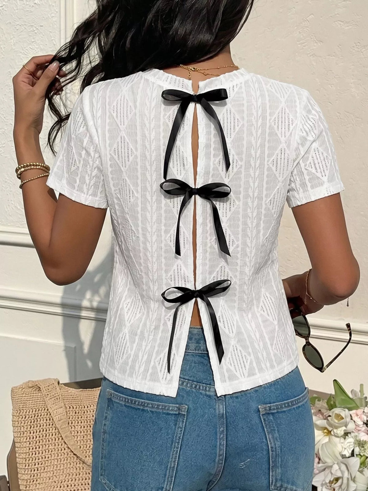 White knit tee bow tie back detail