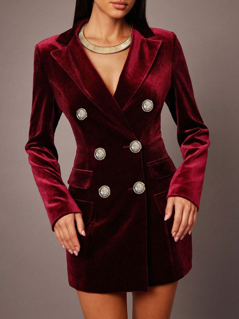 Velvet double breasted blazer dress front view