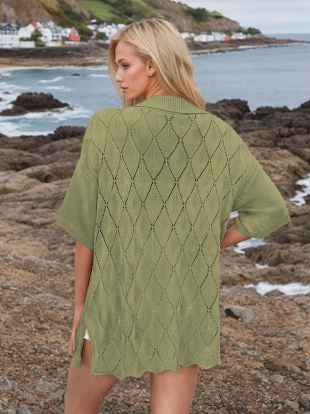 Button Down Eyelet Collared Neck Knit Shirt - Fashorio