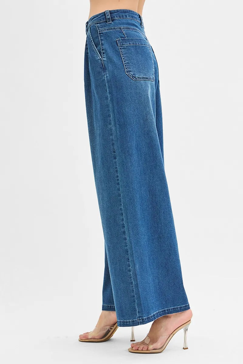 RISEN Mid Rise Fit Wide Leg Knit Denim Look Jeans - Fashorio