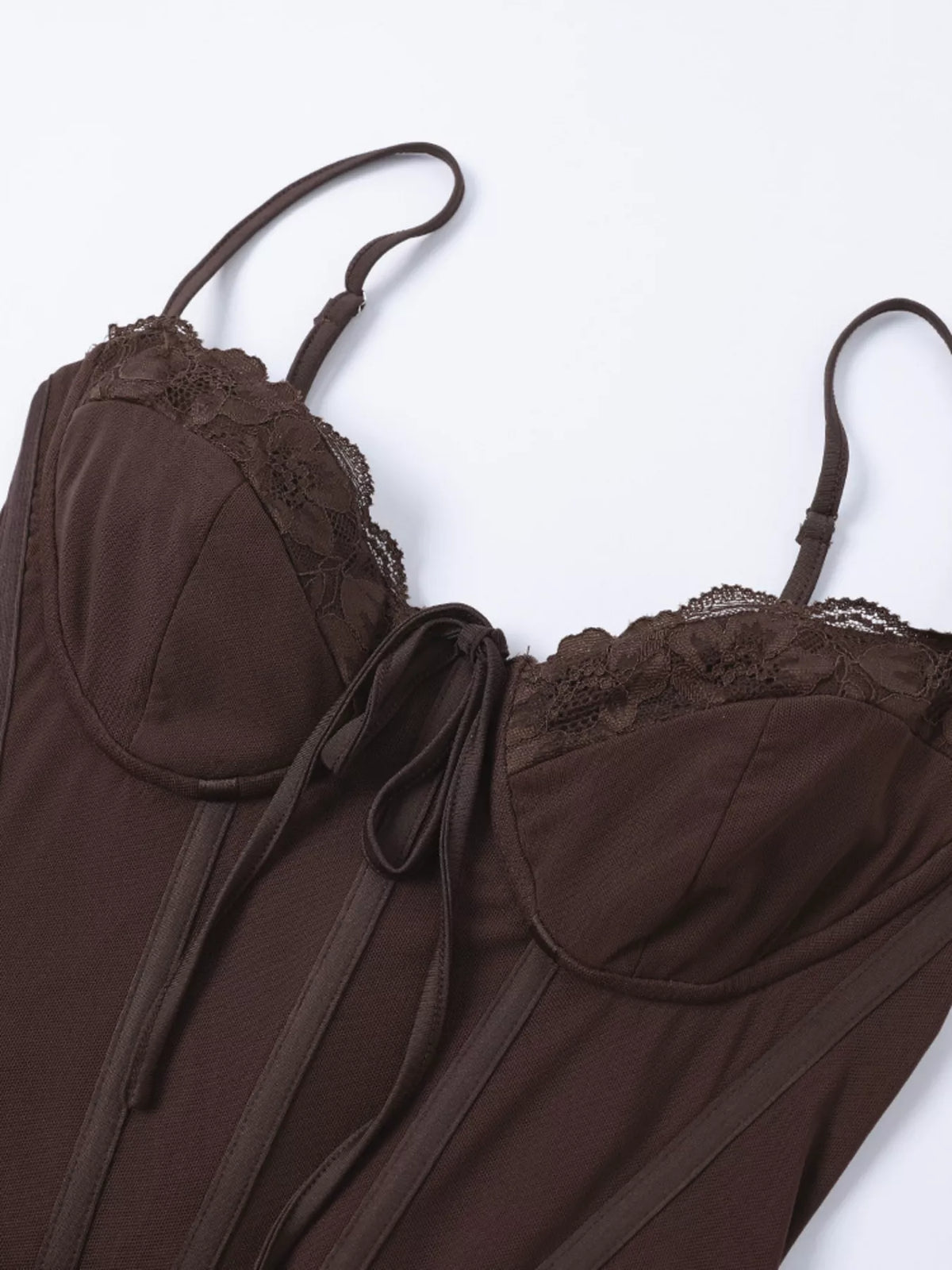 Brown lace trim maxi dress on model
