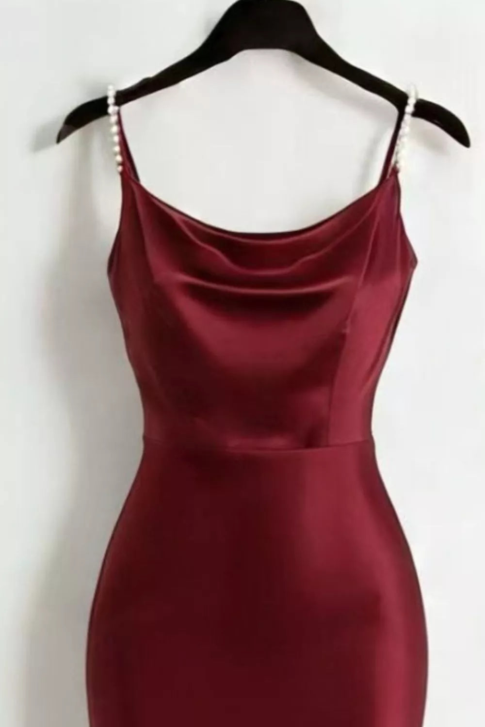 Burgundy satin cowl neck maxi dress with pearl straps front view