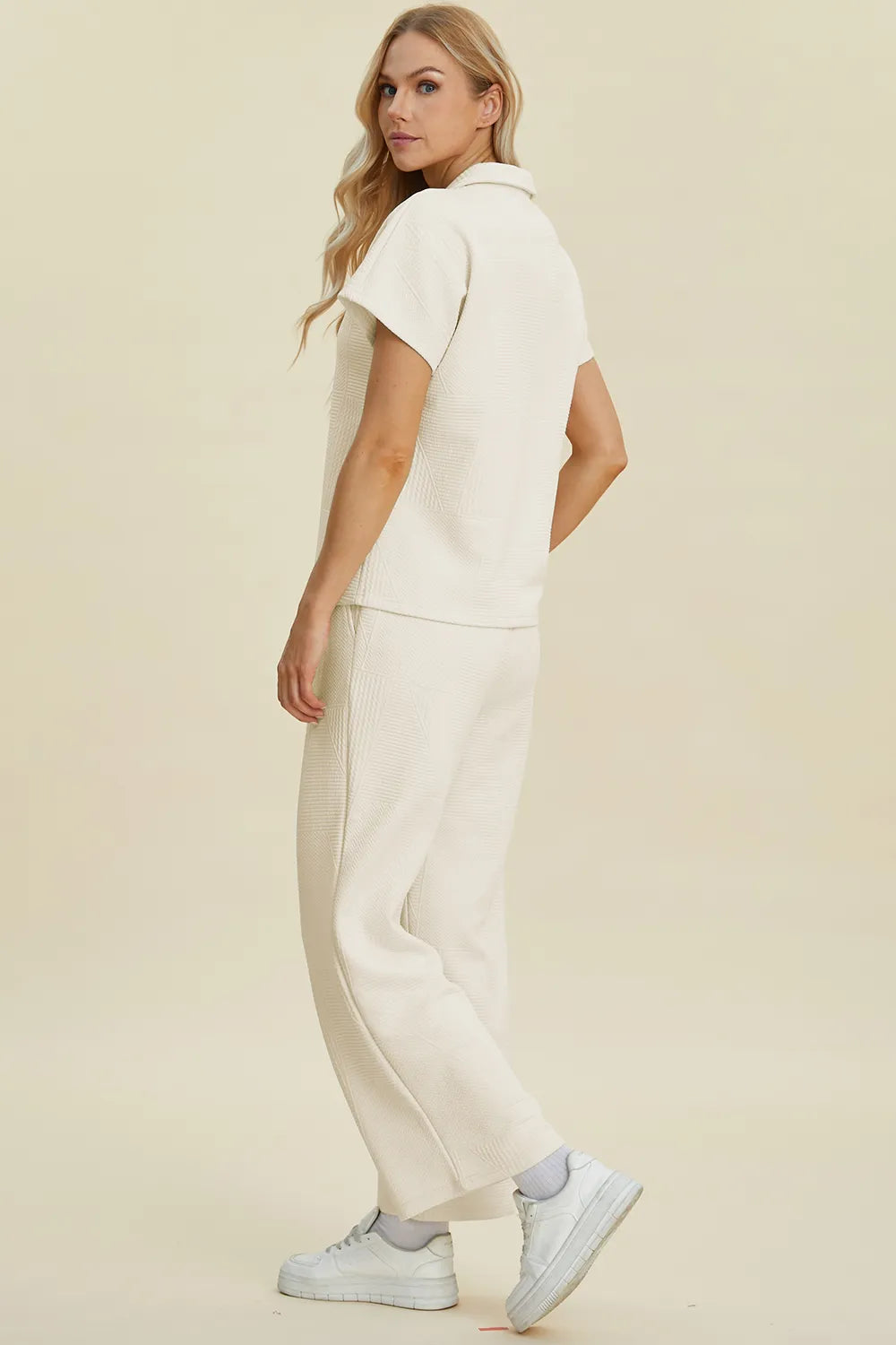 Double Take Full Size Collared Neck Short Sleeve Top and Pants Set - Fashorio