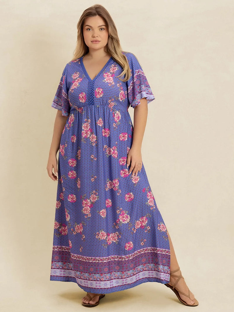 blue purple plus size printed v neck flutter sleeve dress front view