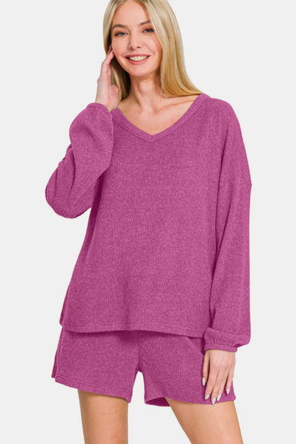 Zenana V-Neck Long Sleeve Ribbed Top and Shorts Set - Fashorio