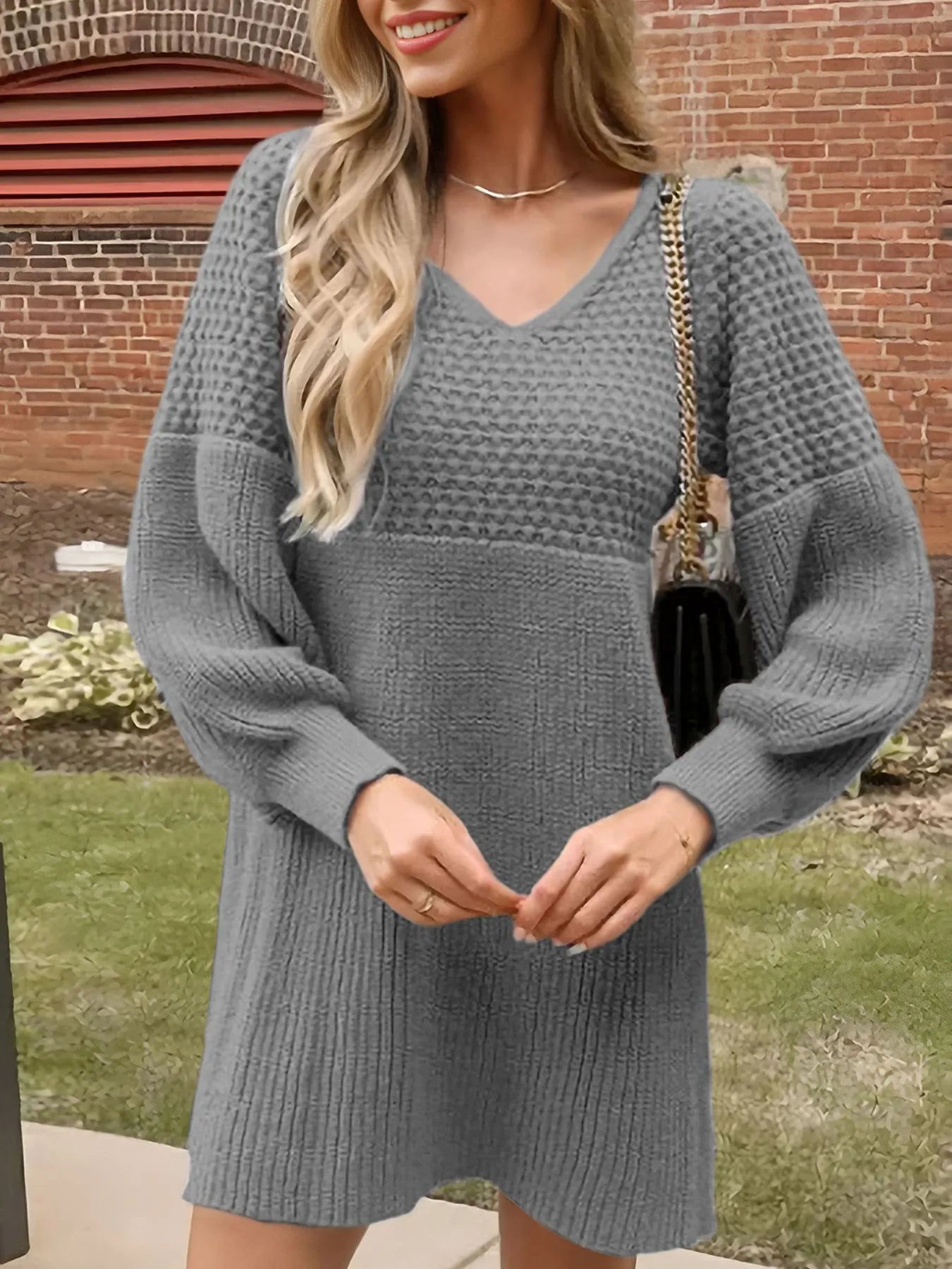 Texture V-Neck Lantern Sleeve Sweater Dress - Fashorio