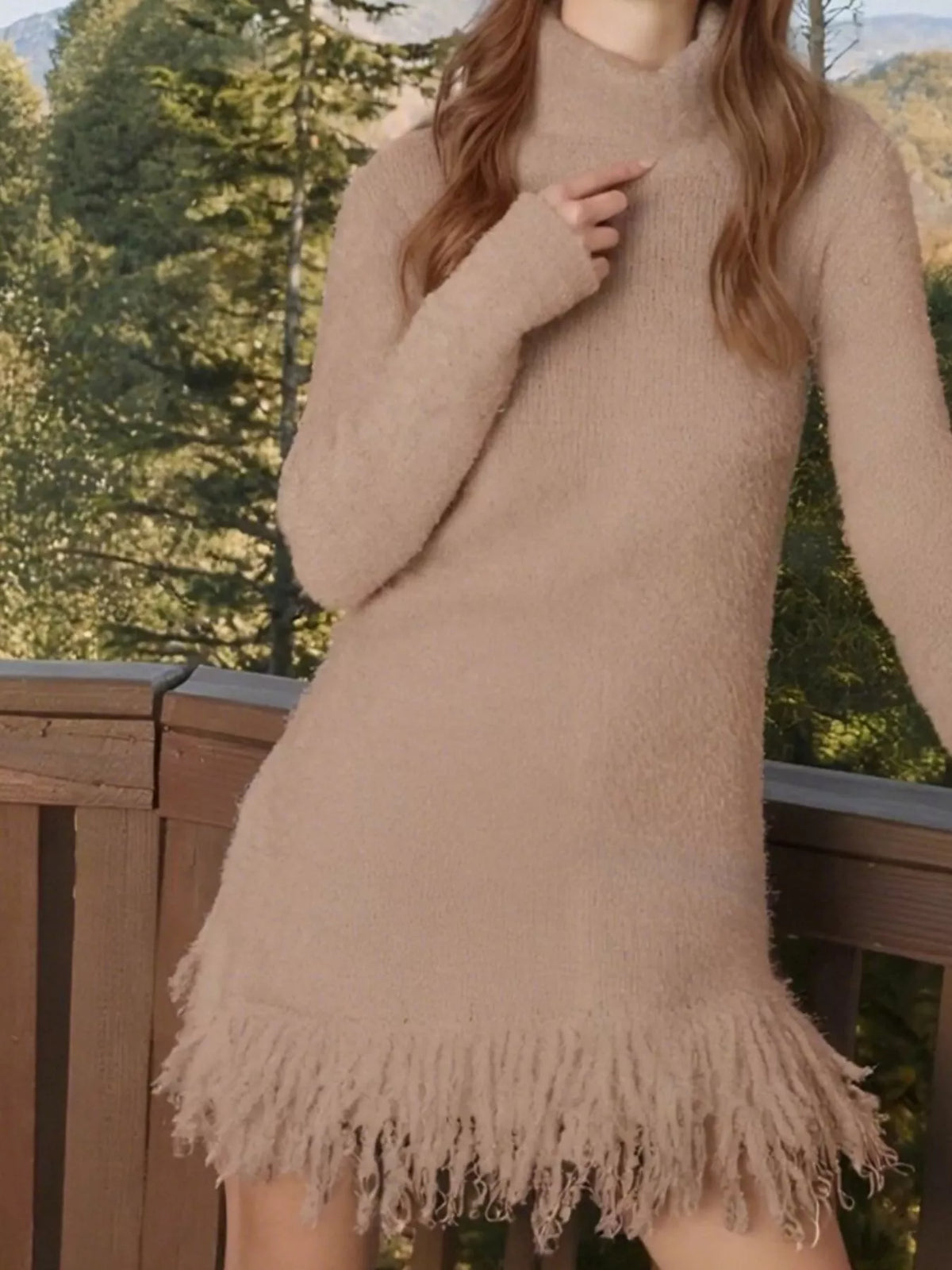 Khaki turtleneck sweater dress
