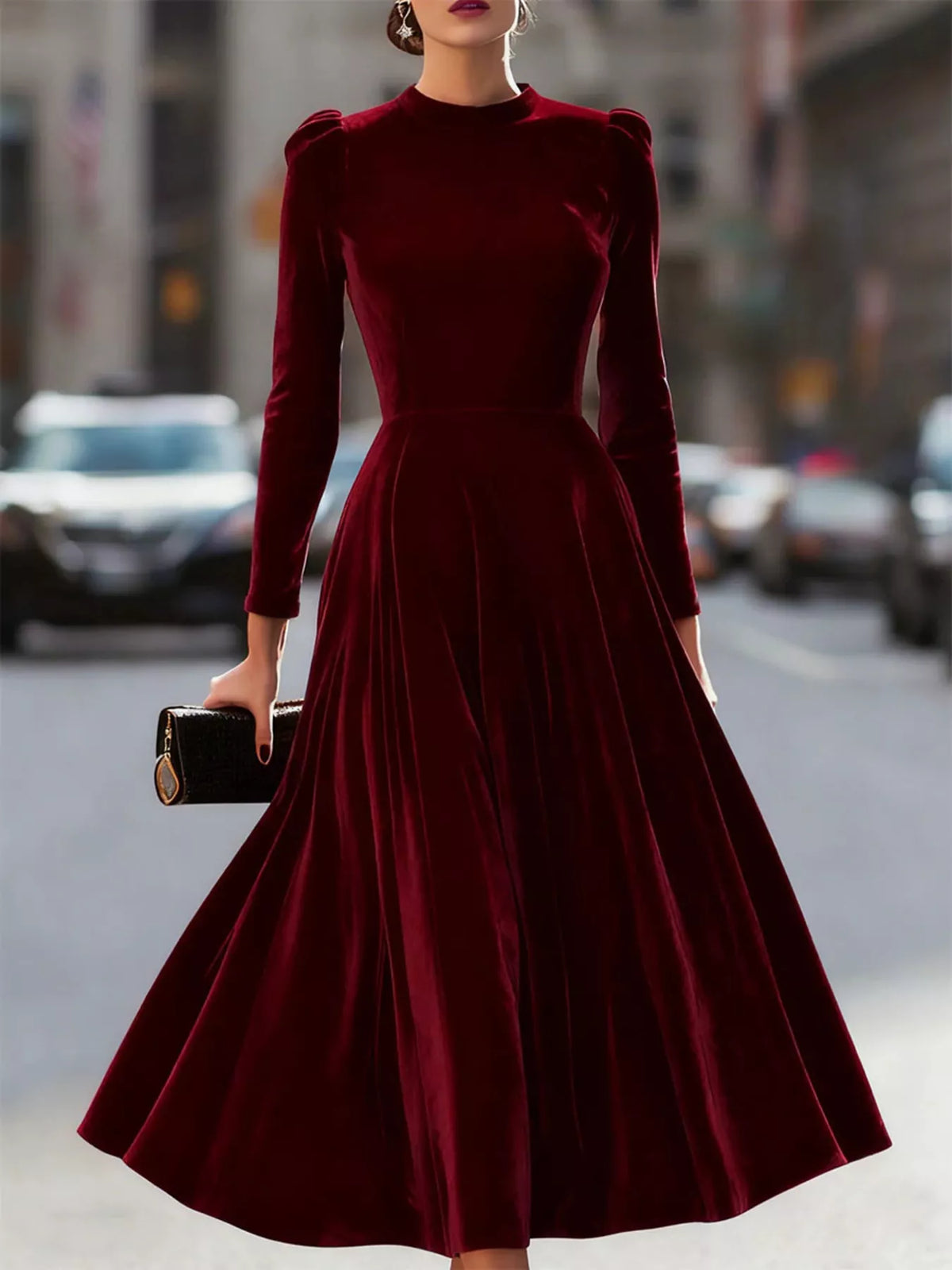 velvet long sleeve A line dress back view