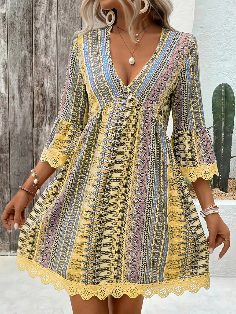 Printed V neck A line dress front view