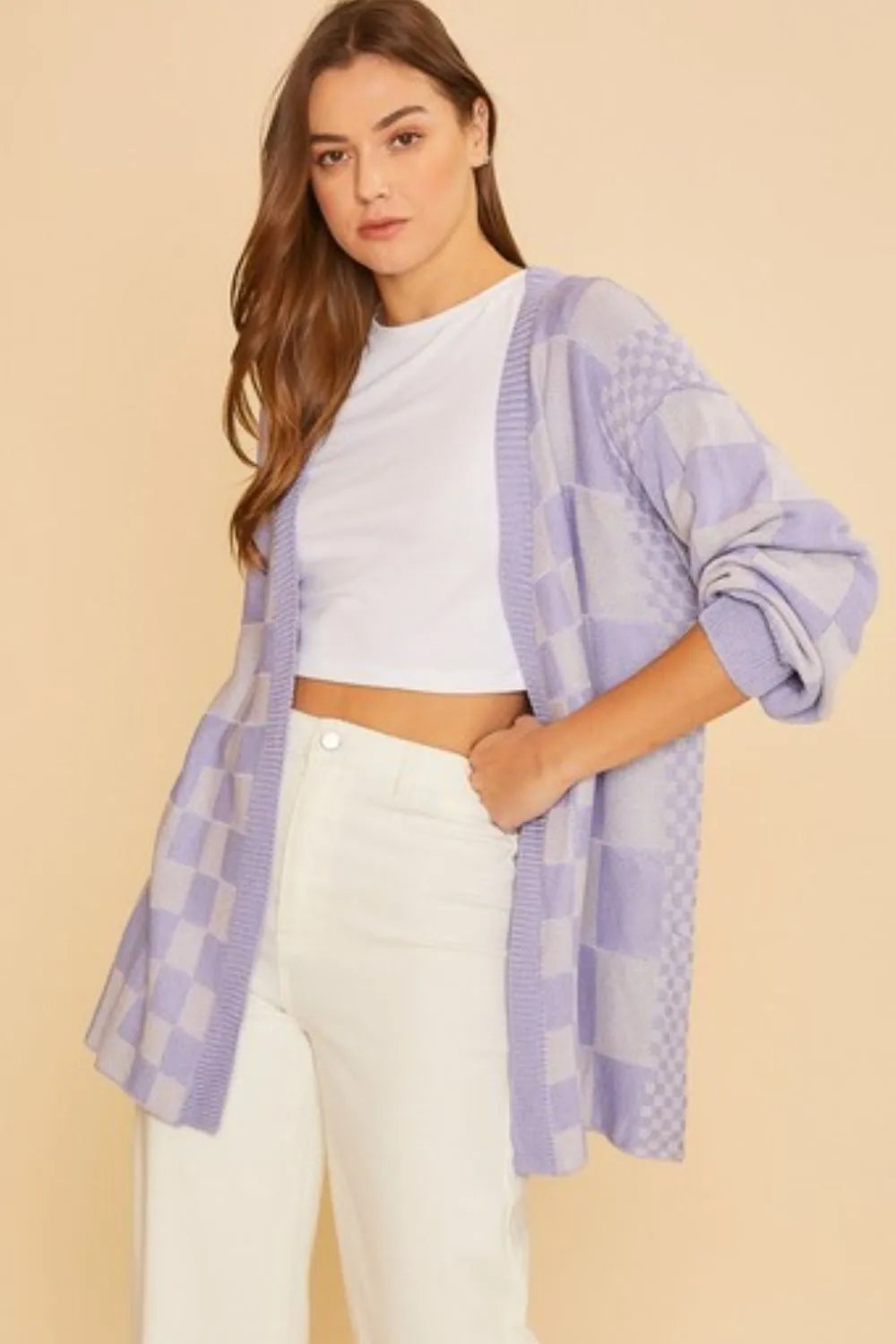 Annie Wear Checkered Open Front Drop Shoulder Cardigan Lavender - Fashorio