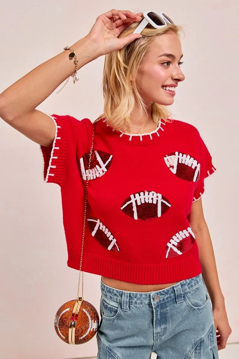 BiBi Gameday Sequin Football Embroidered Stitch Sweater - Fashorio