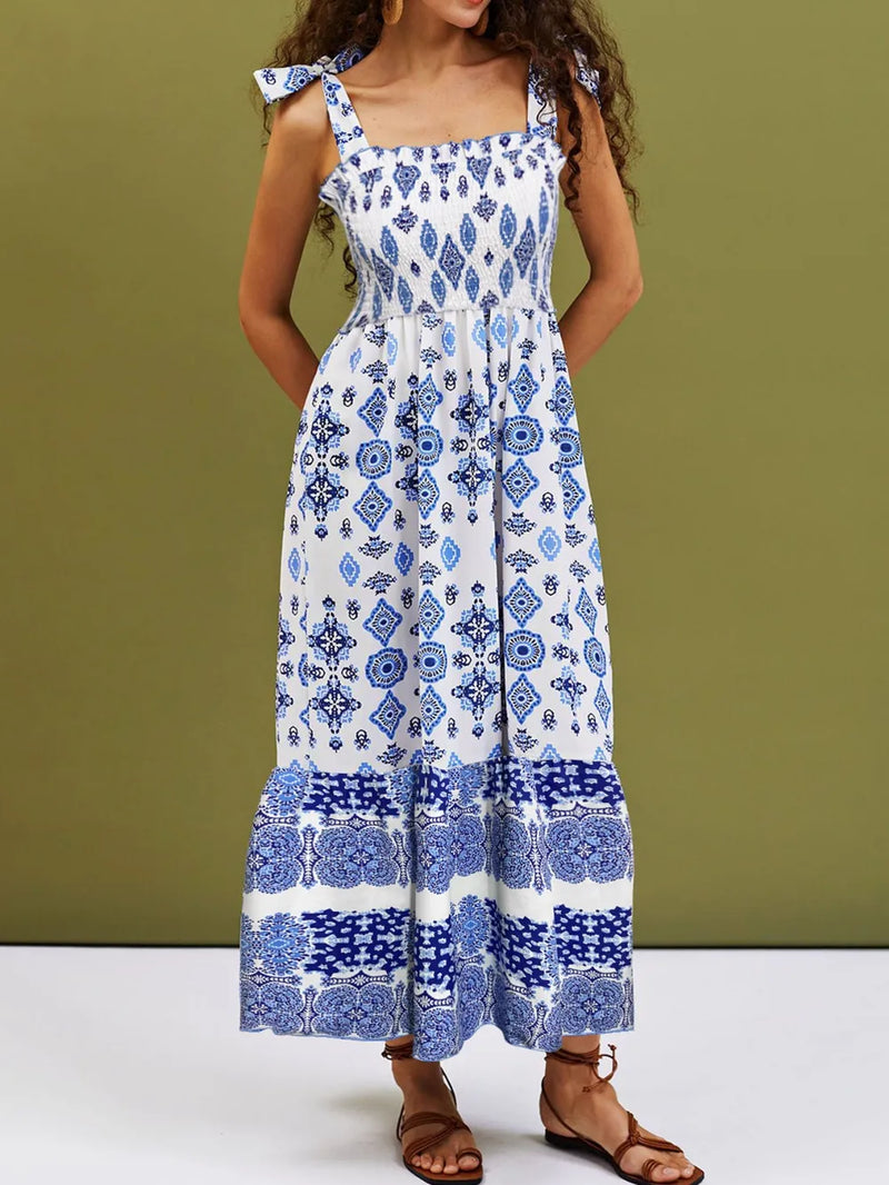 Smocked square neck cami maxi dress in white front view