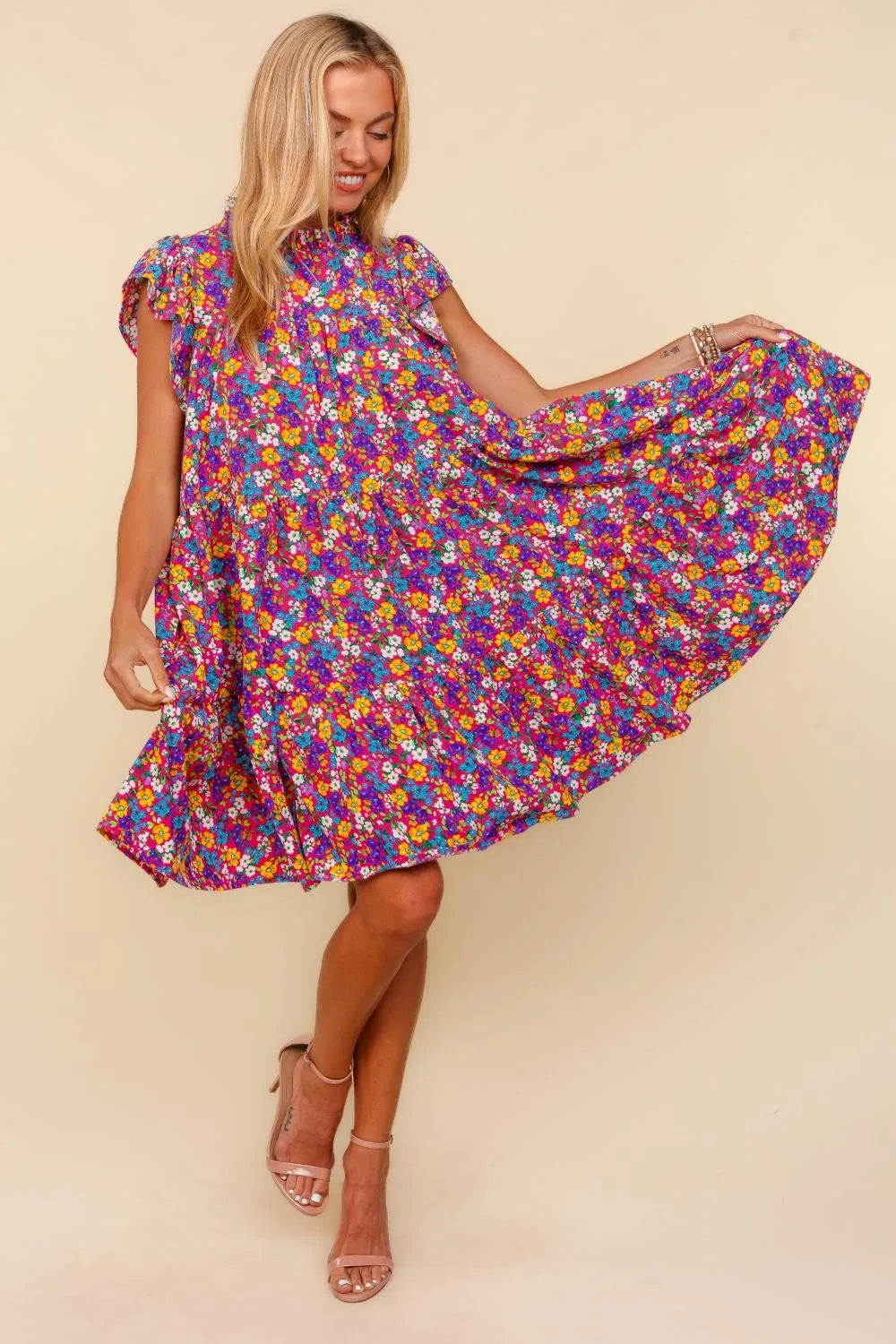 Frilled Mock Neck Ditsy Floral Dress side view