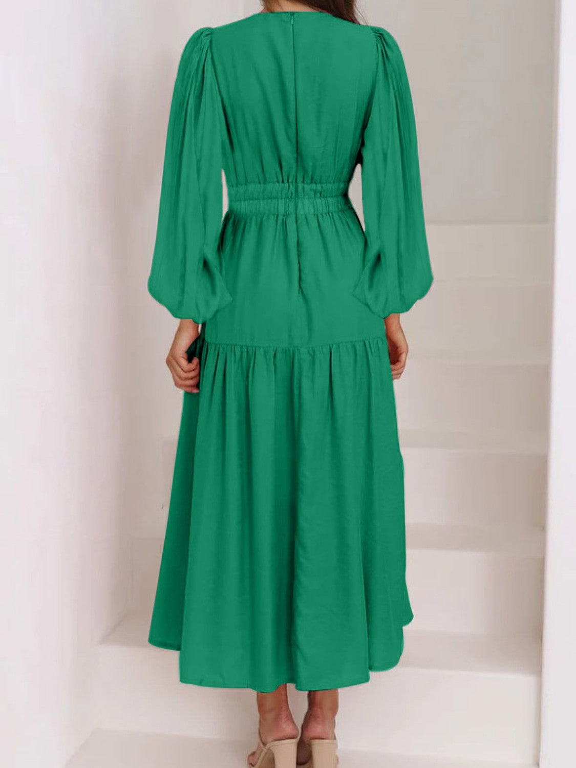Deep V-Neck Balloon Sleeve Plain Maxi Dress - Fashorio