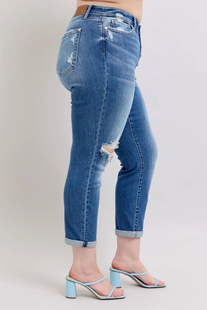 Judy Blue Full Size Button Fly Distressed Jeans with Pockets Plus Size - Fashorio