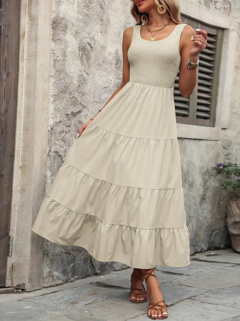 Smocked Scoop Neck Tank Maxi Dress, full length view