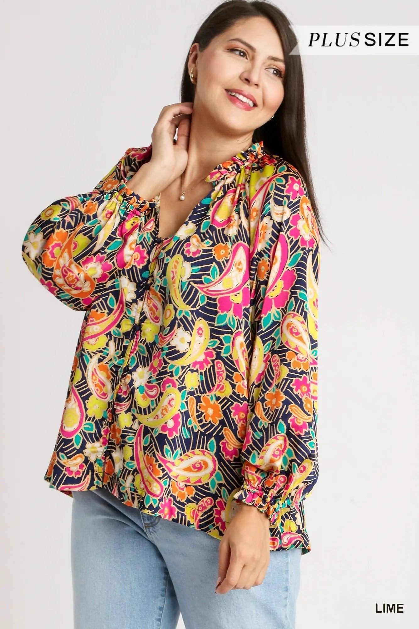 Umgee Full Size Satin Paisley Ruffle Neck Button-Up Shirt Plus Size - Fashorio