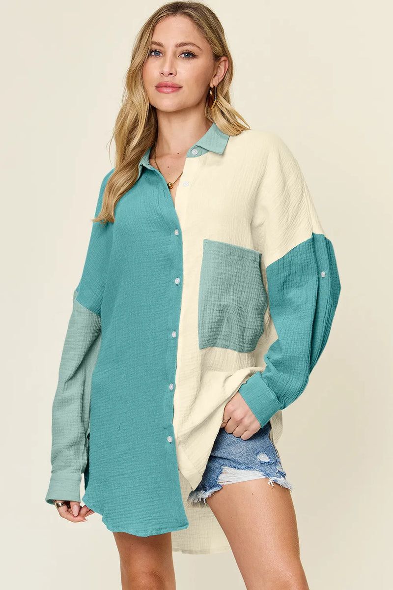 Textured pocketed button up shirt front view