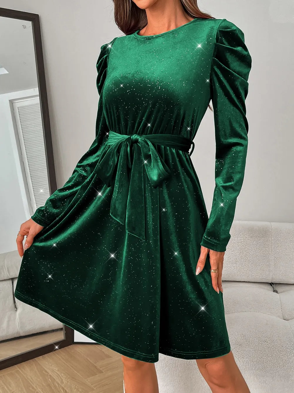 glitter round neck puff sleeve dress side view