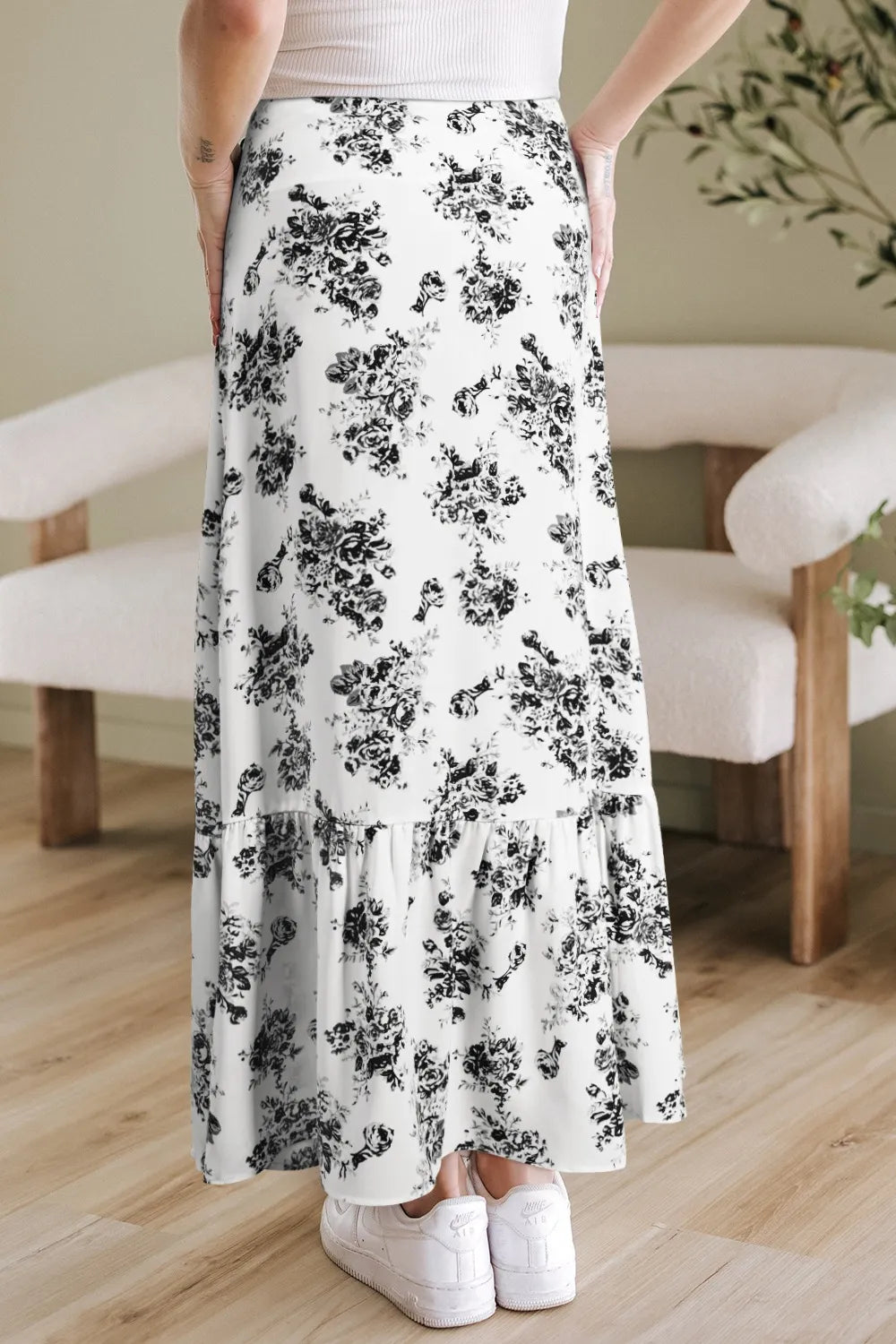 Flowing floral maxi skirt in motion