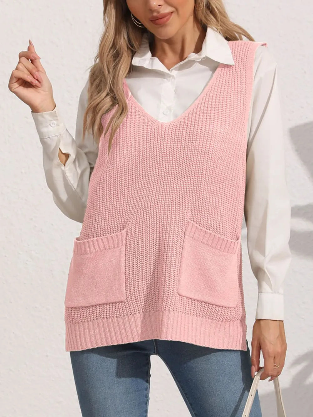 Pocketed V Neck Sweater Vest in Camel detail