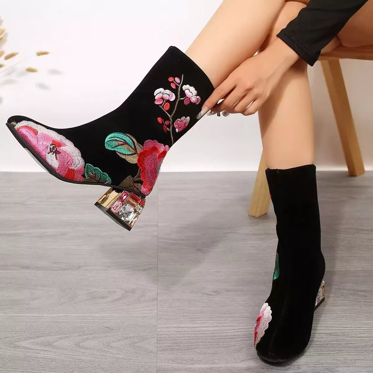 Floral embroidered rhinestone block heel boots side profile