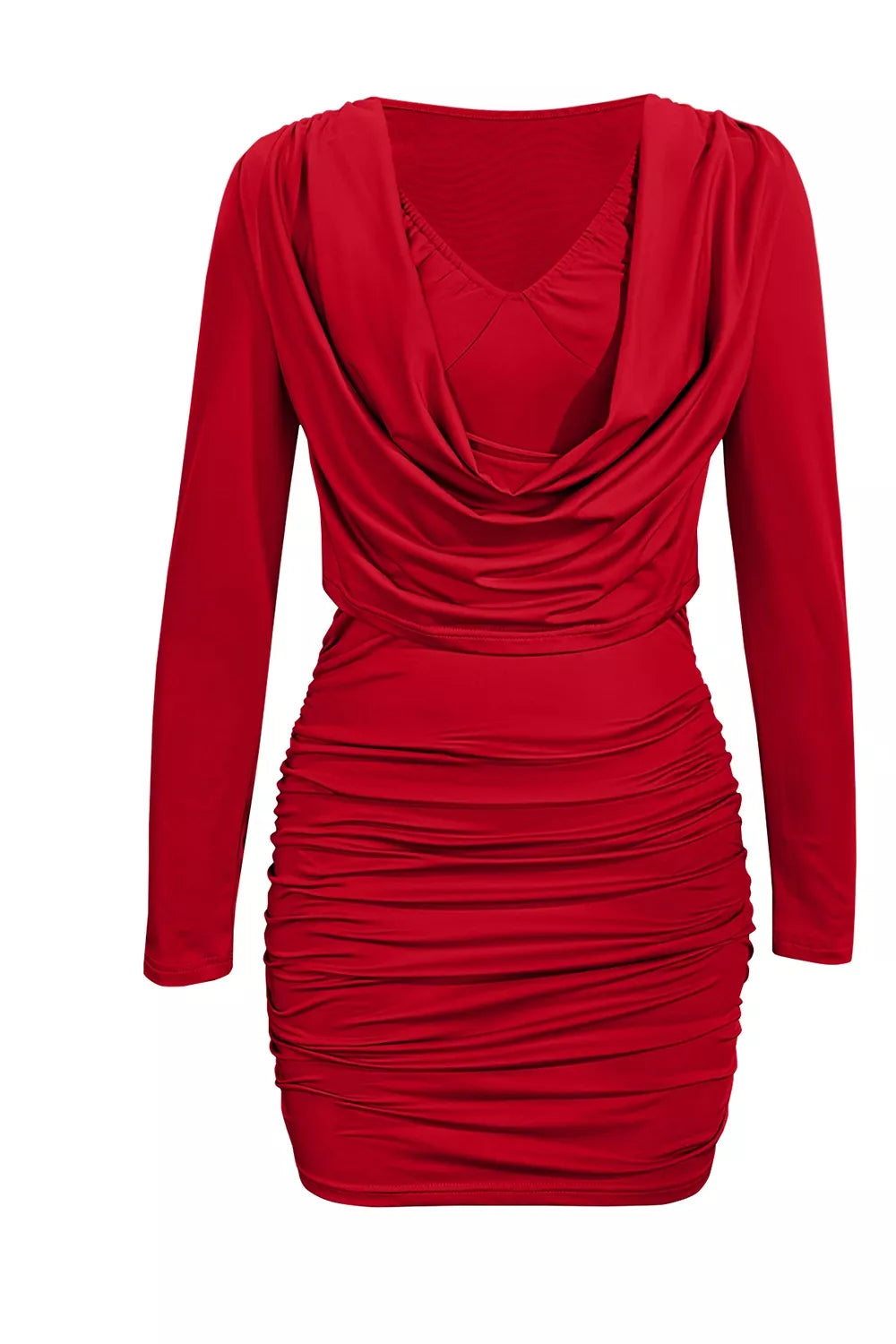 Ruched cowl neck long sleeve mini dress, walking shot