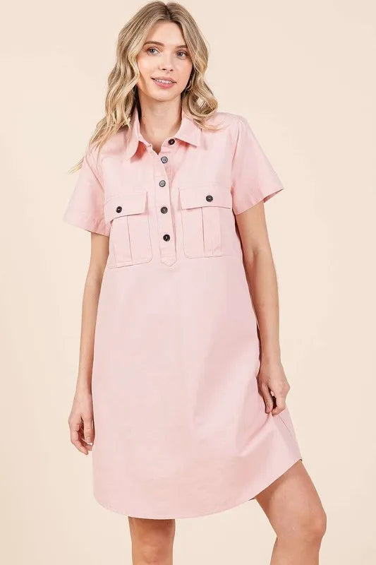 Button Detail Collared Neck Short Sleeve Shirt Dress back view