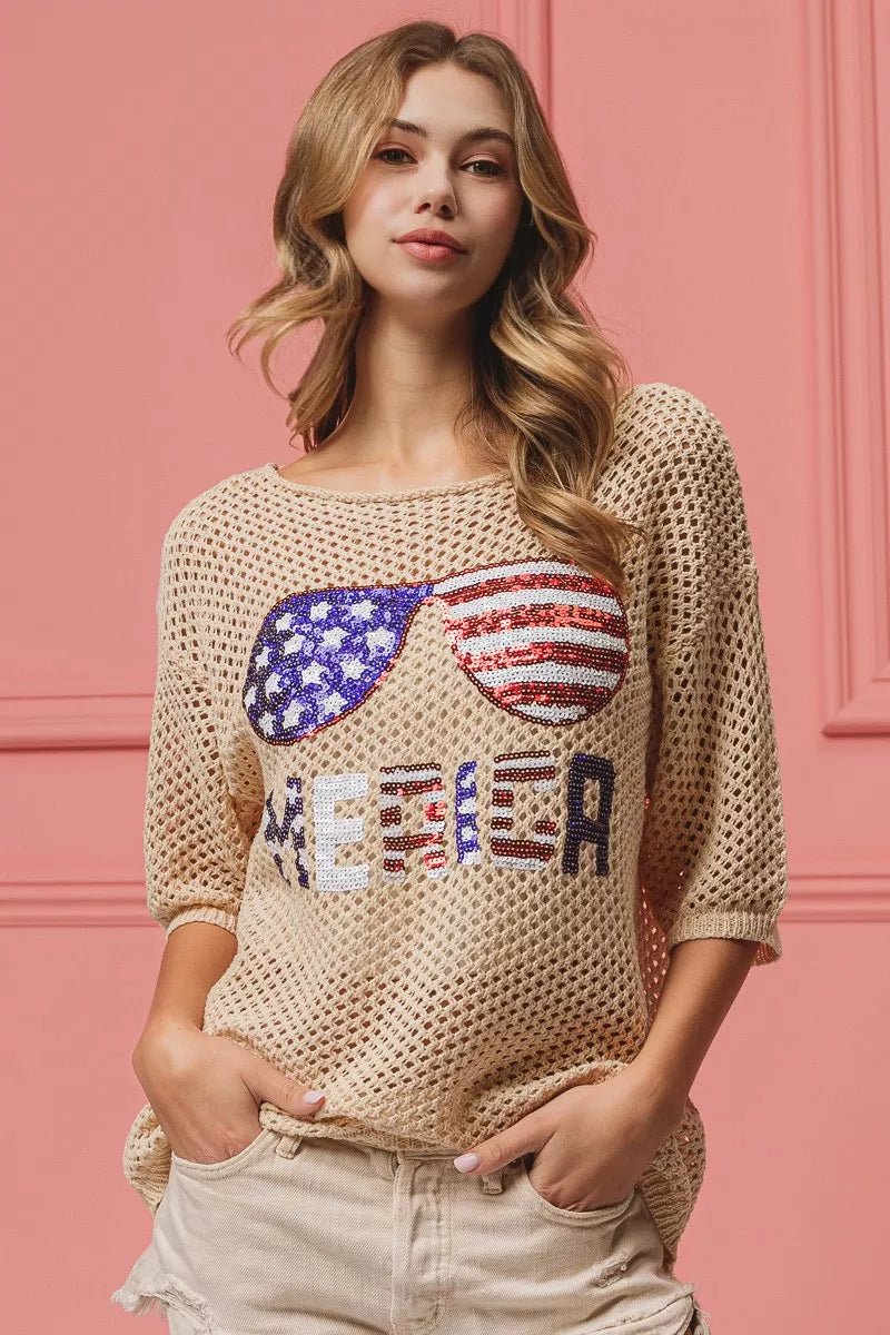 Sequin American flag knit cover up front view