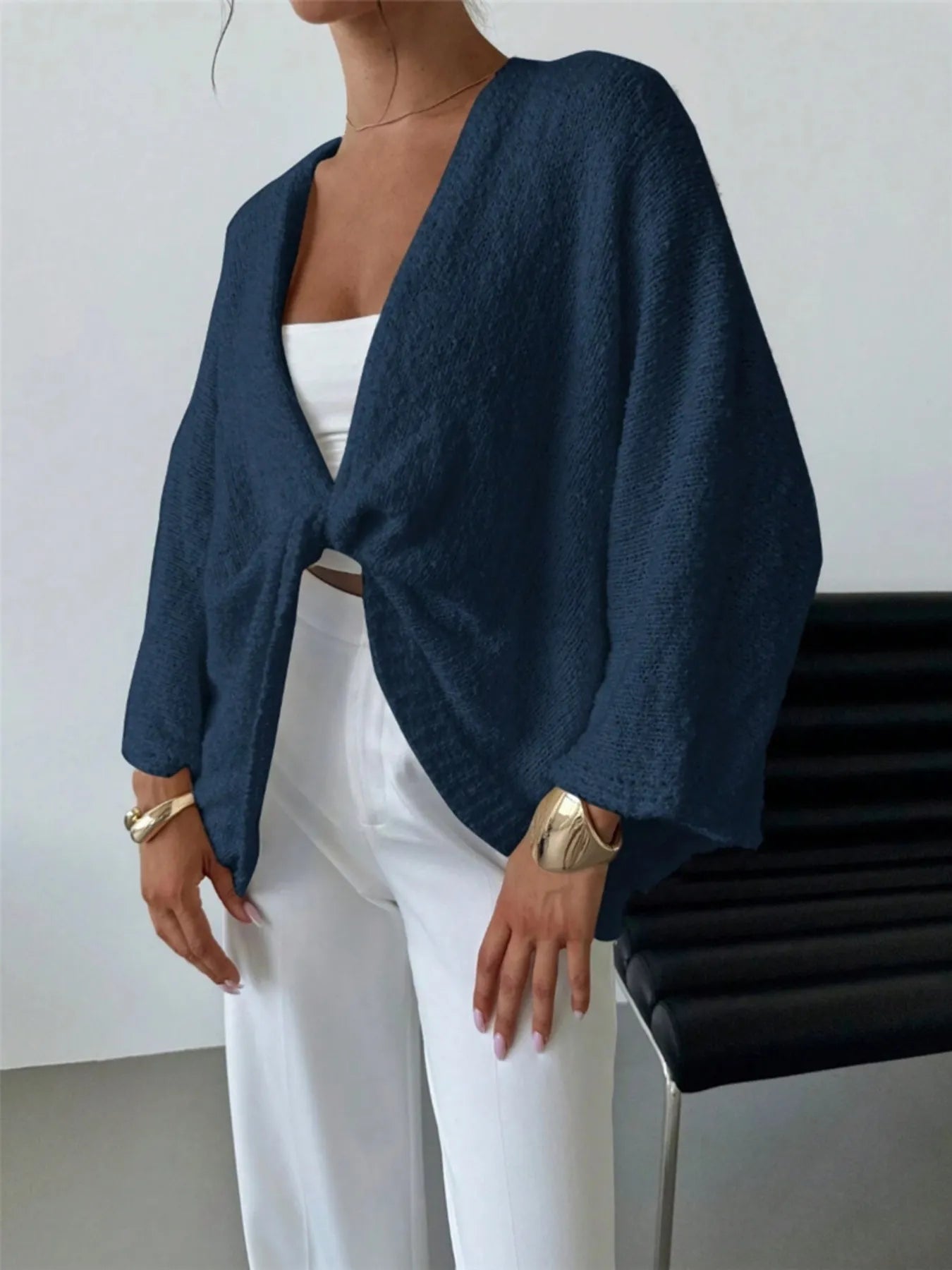 Twist-Front Textured Knit Cardigan Dark Blue - Fashorio