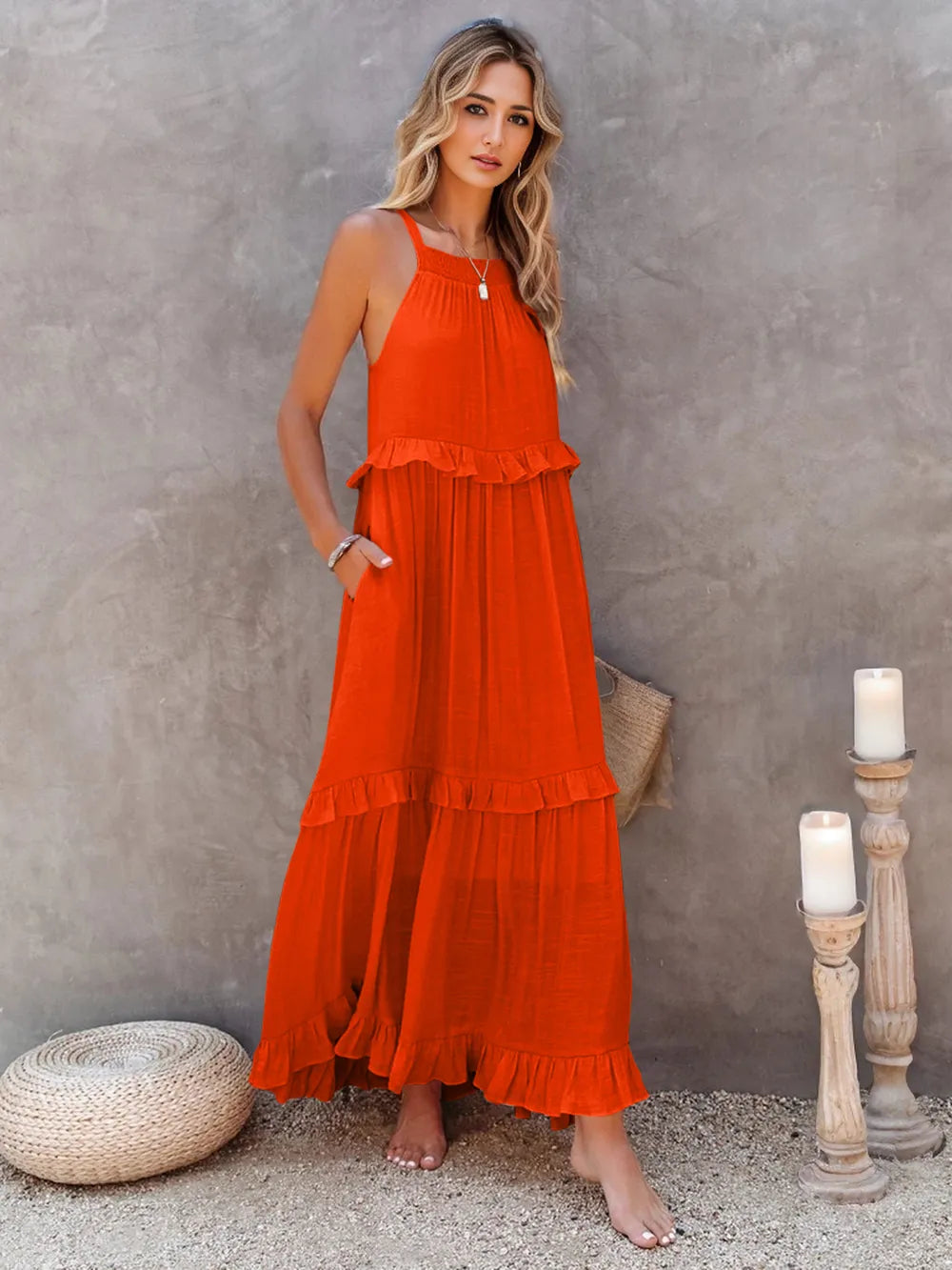 Ruffled Sleeveless Tiered Maxi Dress with Pockets - Fashorio
