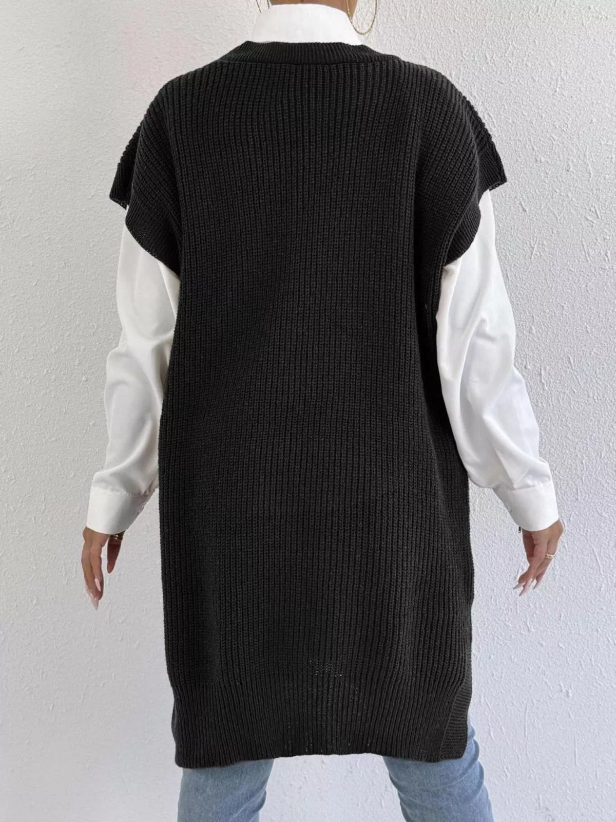 slit v neck sweater dress front view