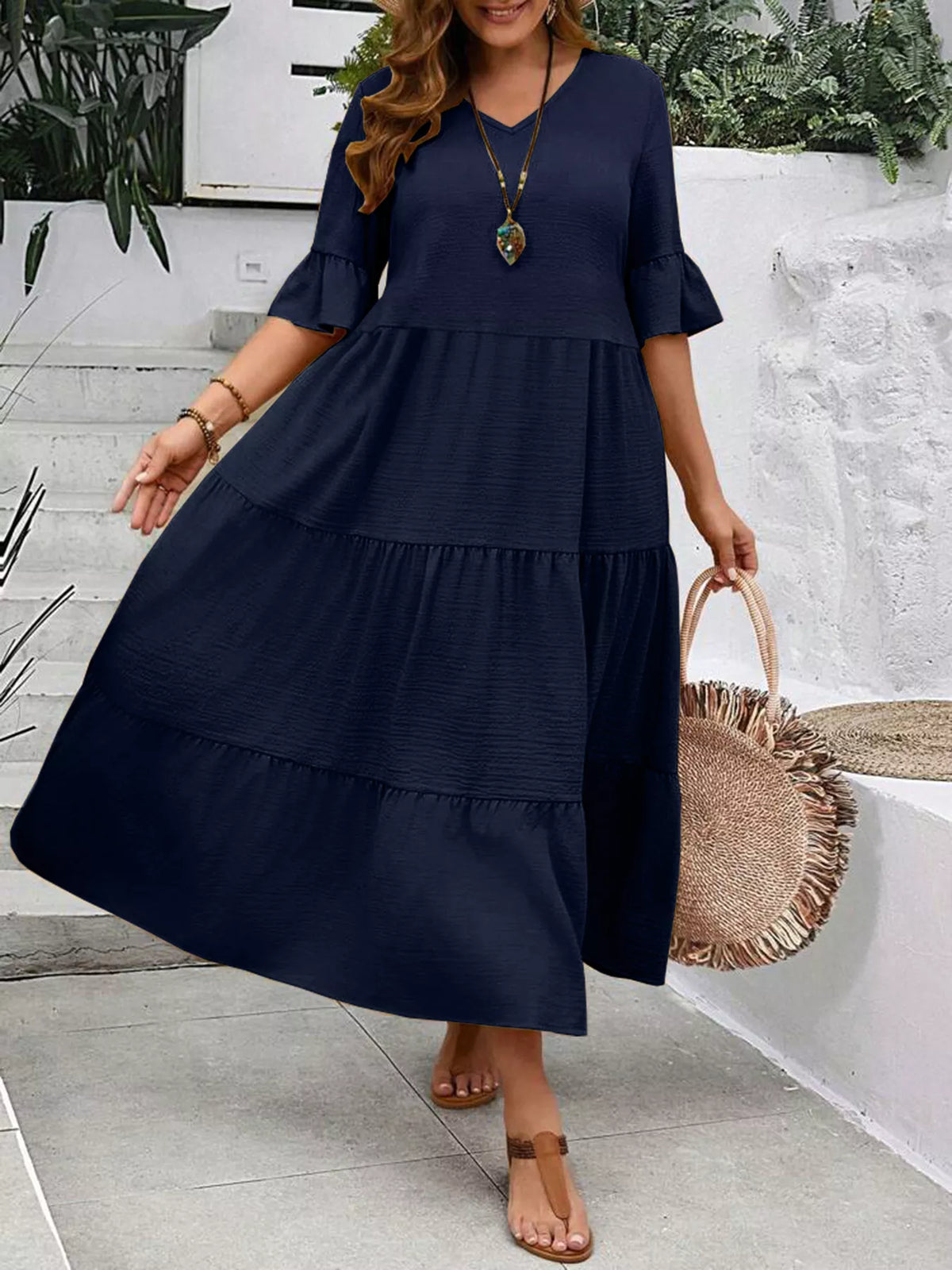 Plus Size Ruffle Sleeve Tiered Midi Dress, view 17