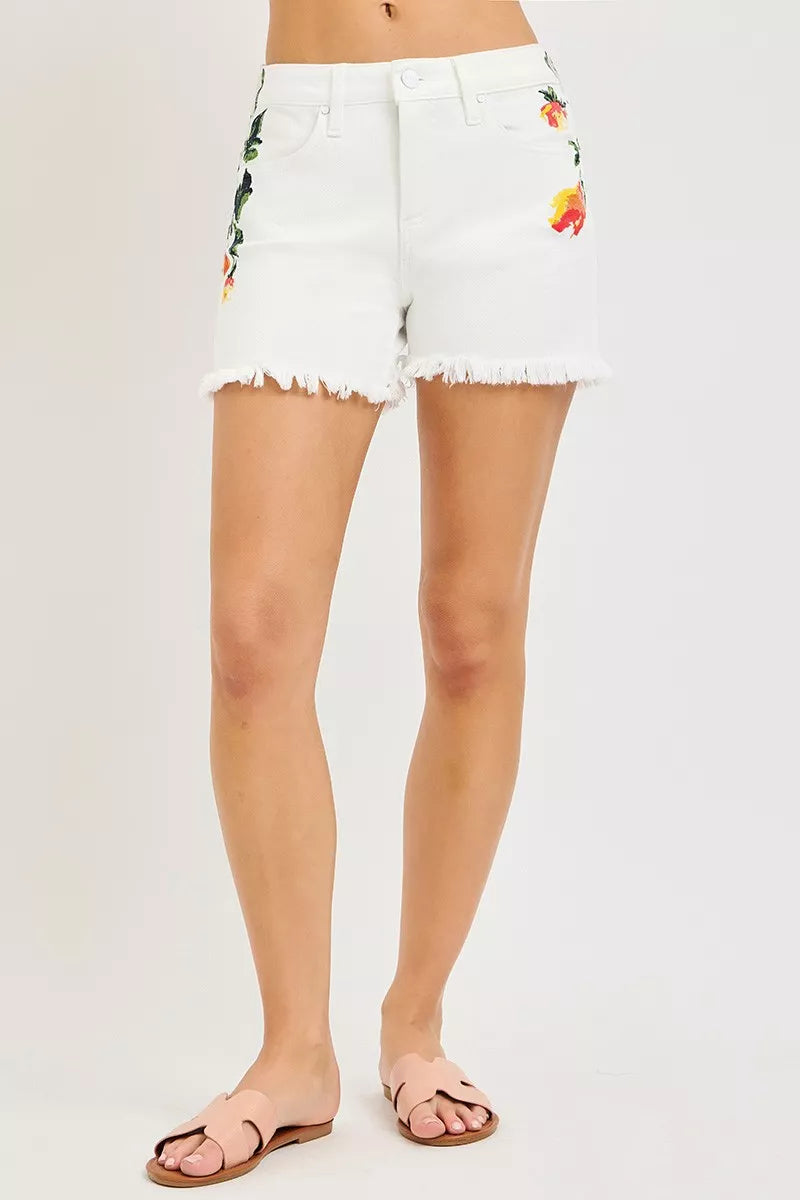 white RISEN floral high rise shorts fabric detail