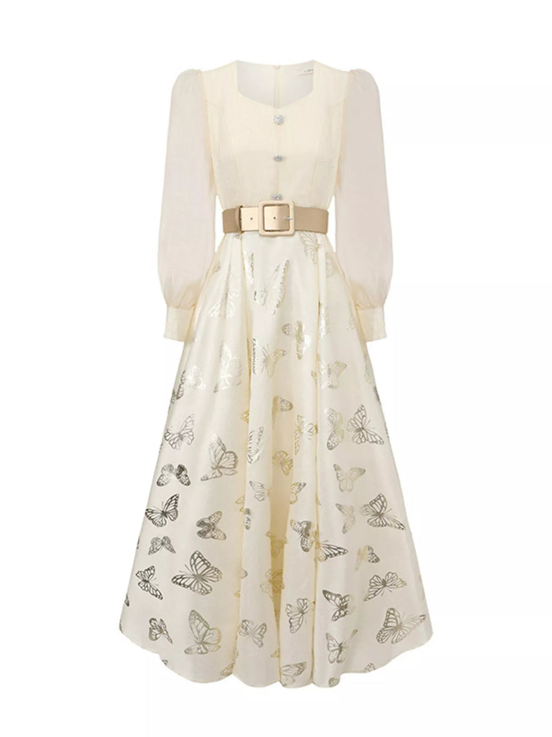 Butterfly print puff sleeve dress front view