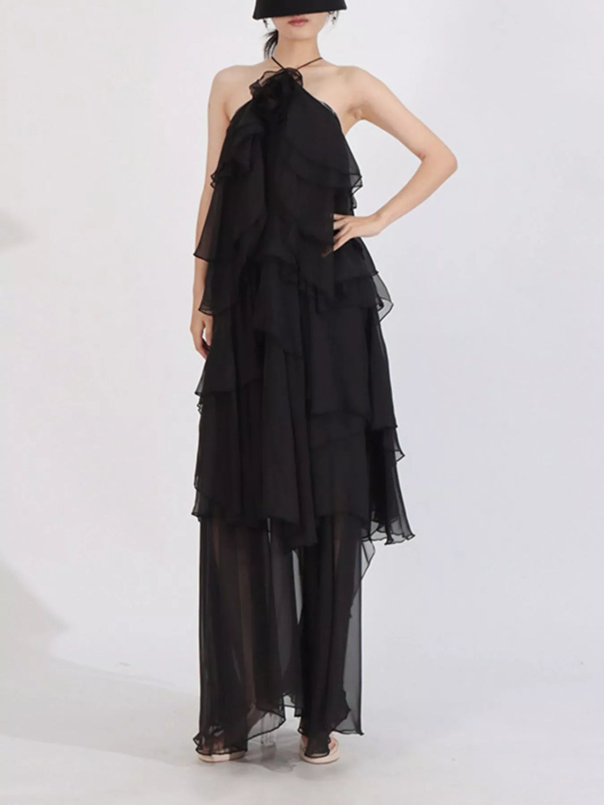 Ruffled chiffon halter neck maxi dress three quarter view