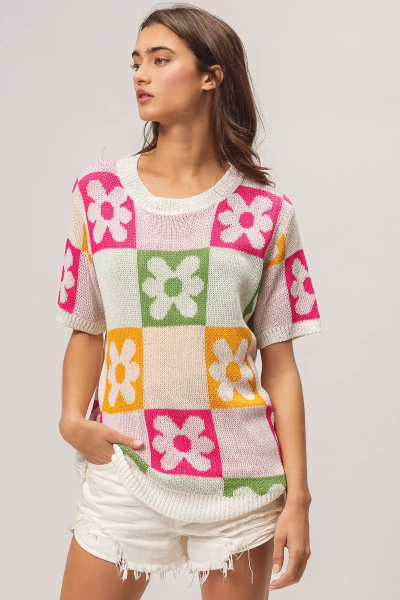Floral Check Lightweight Sweater Top view 8