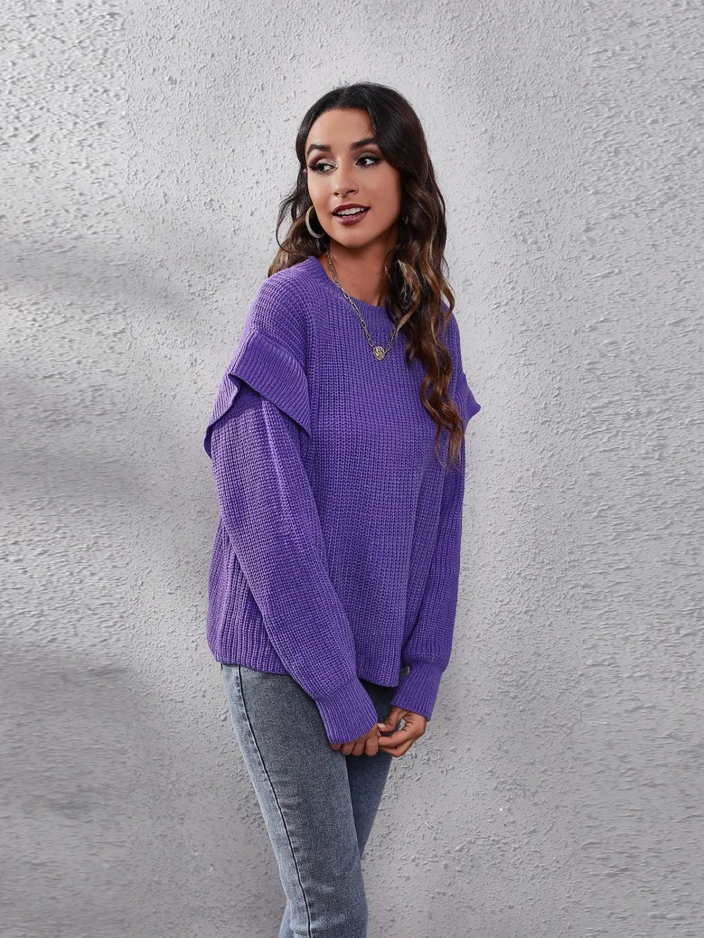 Ruffled Round Neck Dropped Shoulder Sweater - Fashorio