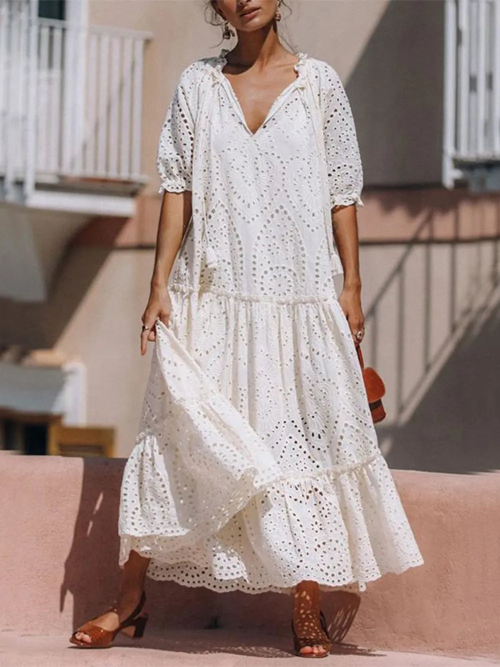 Ivory half sleeve tiered dress full length