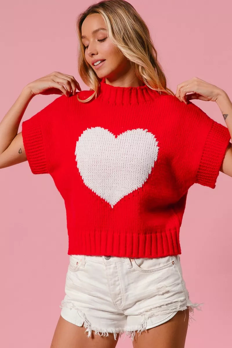 Heart Pattern Rib Banded Sweater in Red and Ivory styled look