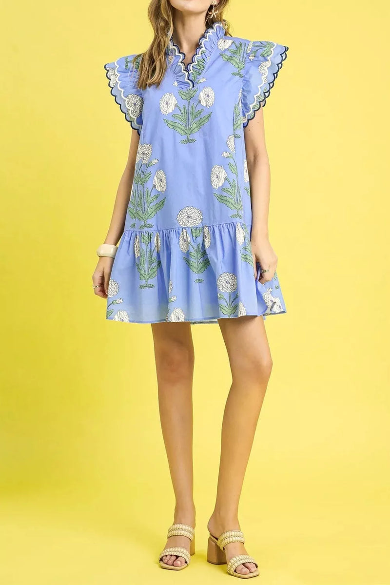 Floral ruffle sleeve dress front view